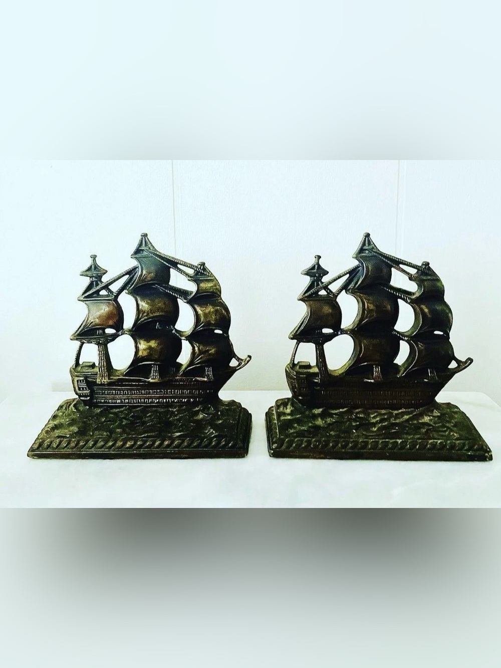 Classic Sailboat Cast Metal Bookends - Bronze Finish Vintage
